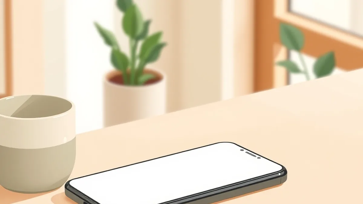 木のテーブルの上に、マグカップと小さな観葉植物と並んでスマートフォンが置かれている絵