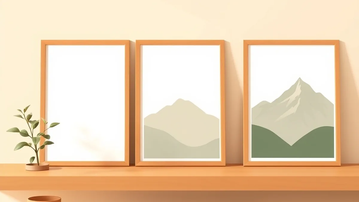 木の棚に同じ大きさの額が3つ並び、うち2つに山の絵が入っている絵