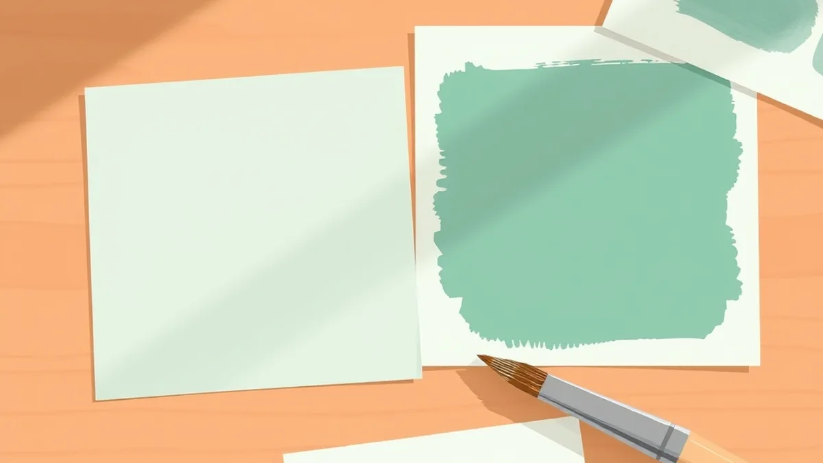 木の机に、緑の絵の具を塗った紙と白い紙が並び、そばに絵筆が置かれている絵