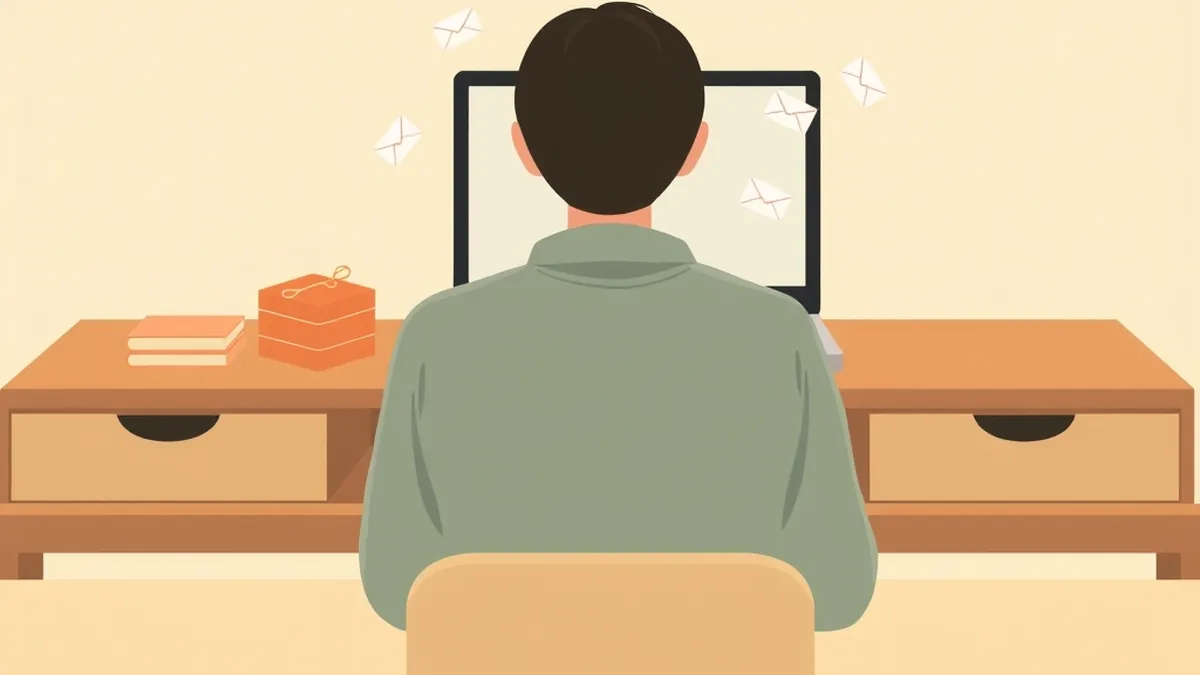 パソコンに向かう人の後ろ姿と、画面のまわりに舞う小さな封筒の絵
