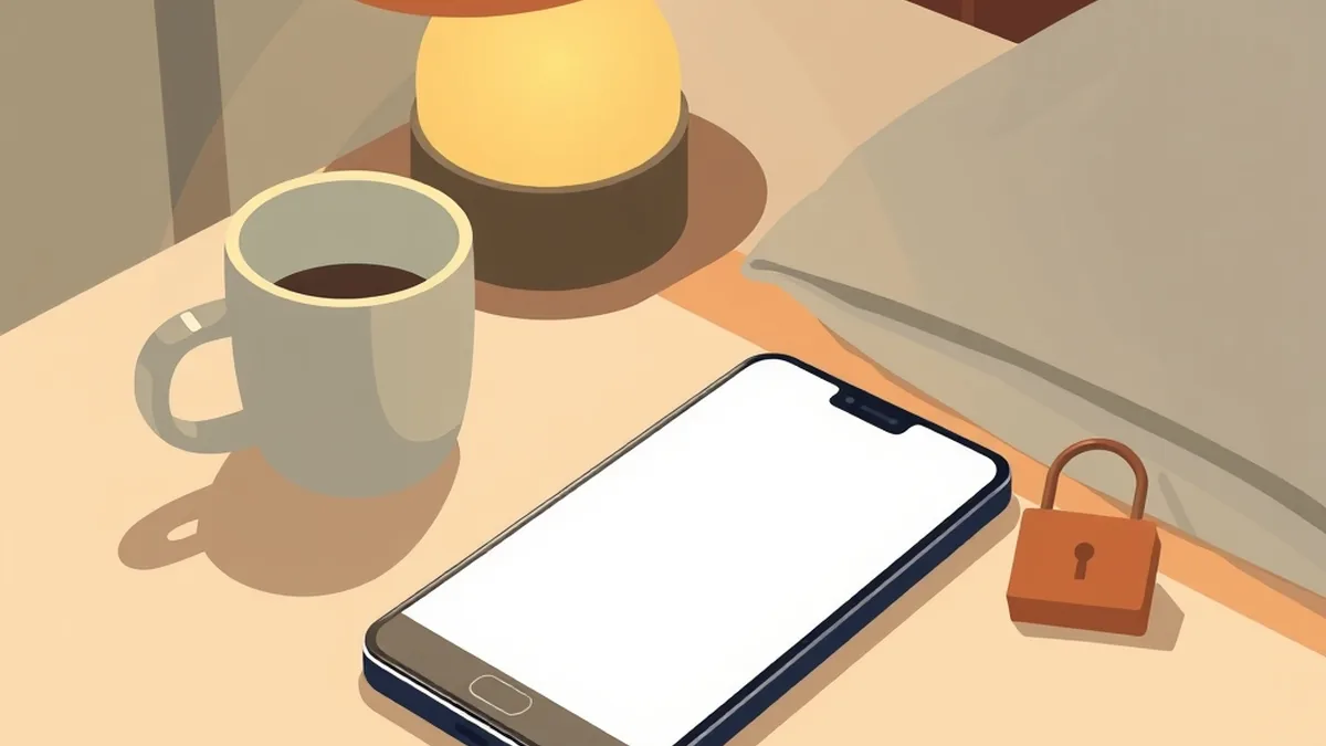 ホテルの机の上に、画面が空白のスマホとコーヒーカップと紙の錠前が置かれている絵