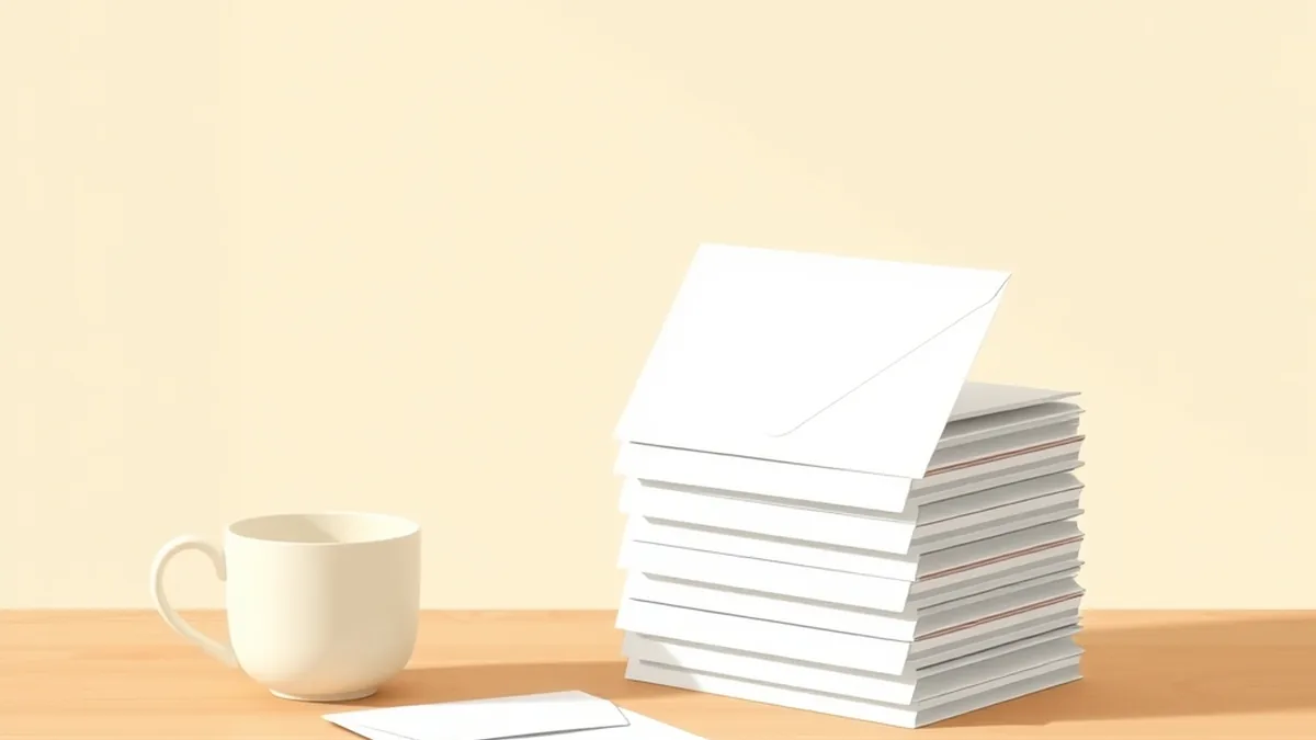 木の机に白い封筒が重ねて置かれ、1通だけ少し離れたところにある絵