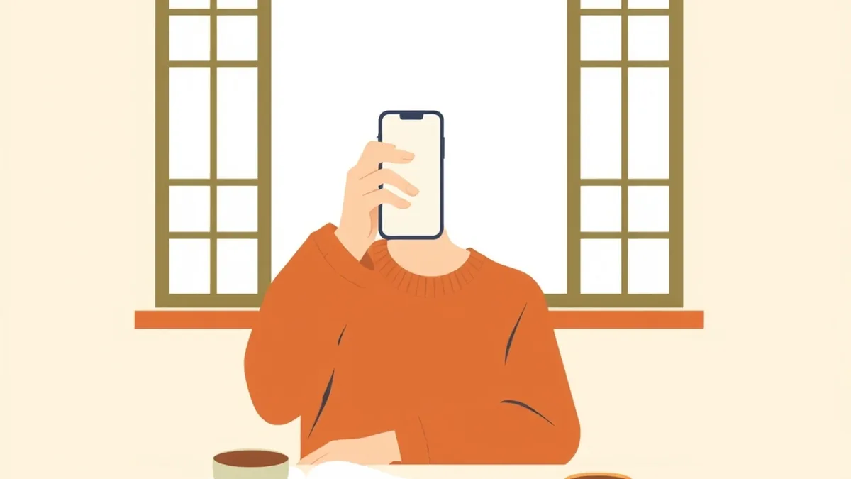 窓辺でスマートフォンを顔の前に構える人と、テーブルに置かれたノートとお茶