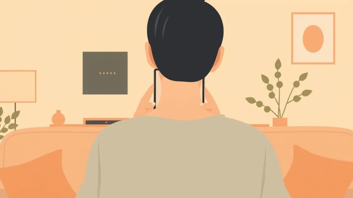 ソファでスマホを持つ人の後ろ姿と、画面の小さな光の点が静かに消えていく絵