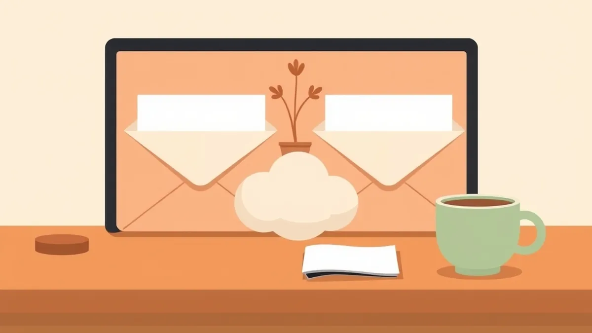 画面に2通の封筒が映ったパソコンの前に、雲の形のクッションとマグカップが置かれている絵