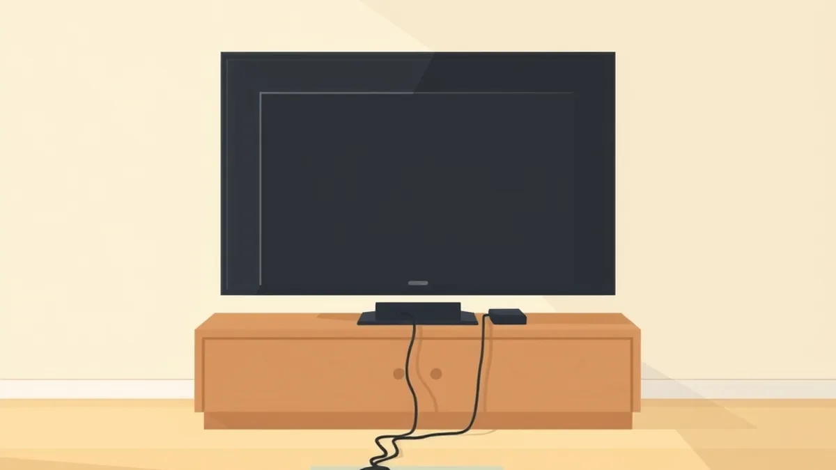 木のテレビ台に置かれたテレビと、台の前に垂れ下がったケーブルの絵