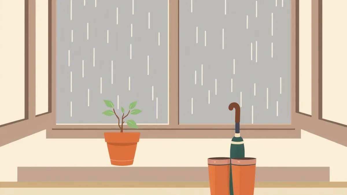 雨の窓辺に置いた小さな観葉植物と、たたんだ傘と長靴