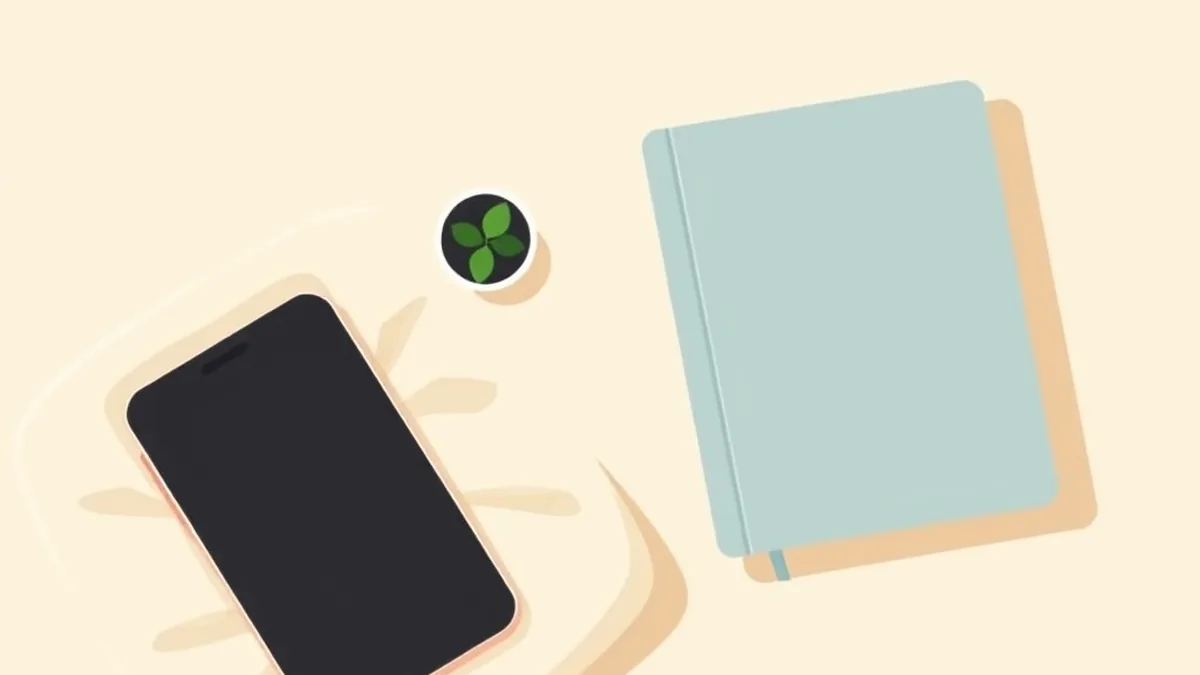やわらかな布の上に、画面の消えたスマホと小さな観葉植物、水色のノートが並んでいる絵