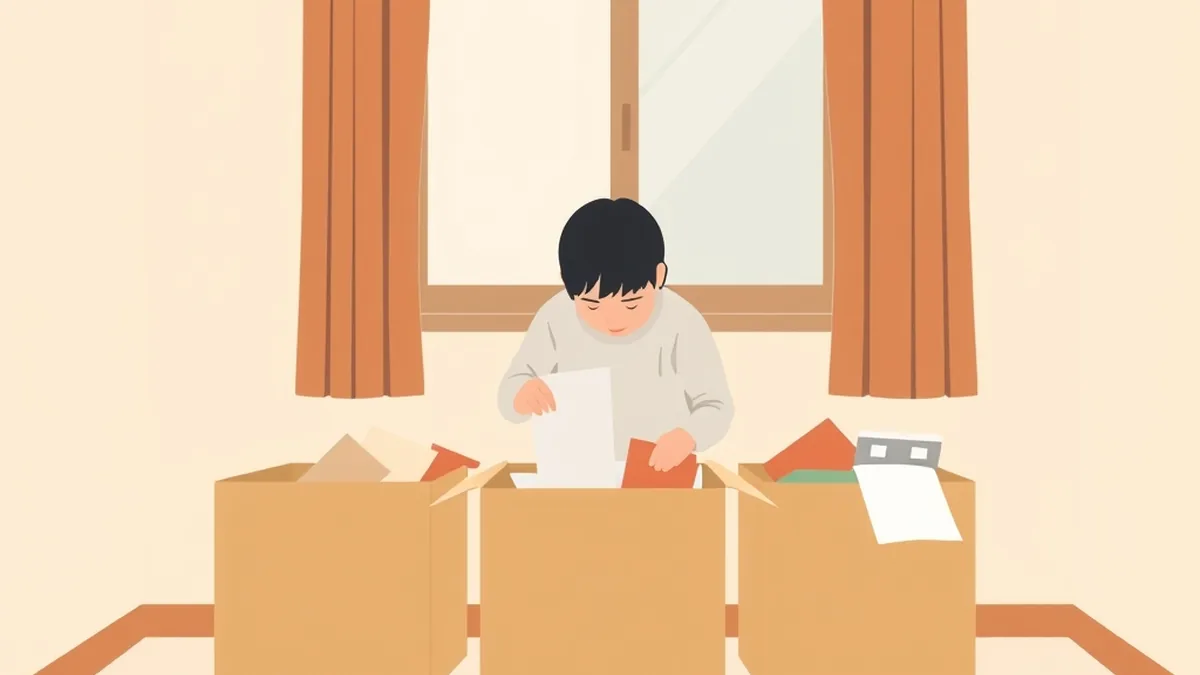 半分空になった子ども部屋で、荷物を3つの段ボール箱に分けている人