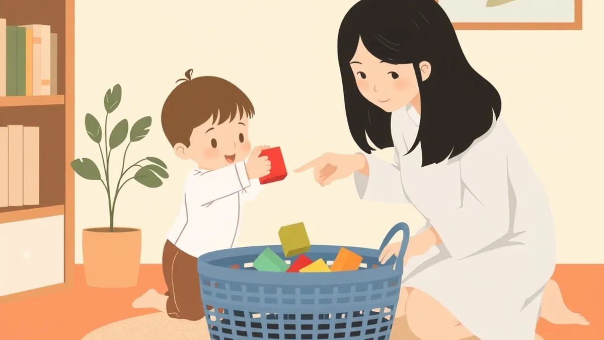 リビングで子どもがふたの無い青いかごにブロックを放り込み、親が隣でかごを指さしている絵