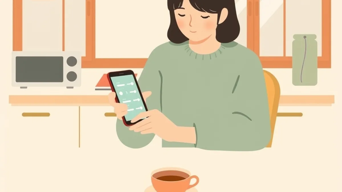 台所のテーブルでスマホの設定画面に並んだスイッチを見ている人と、そばに置かれたお茶