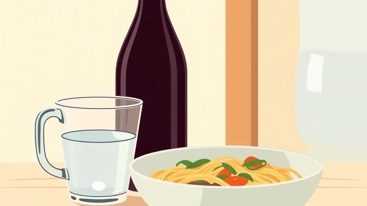 木のテーブルに置かれたつゆのボトルと水の入った計量カップ、冷たい麺の器