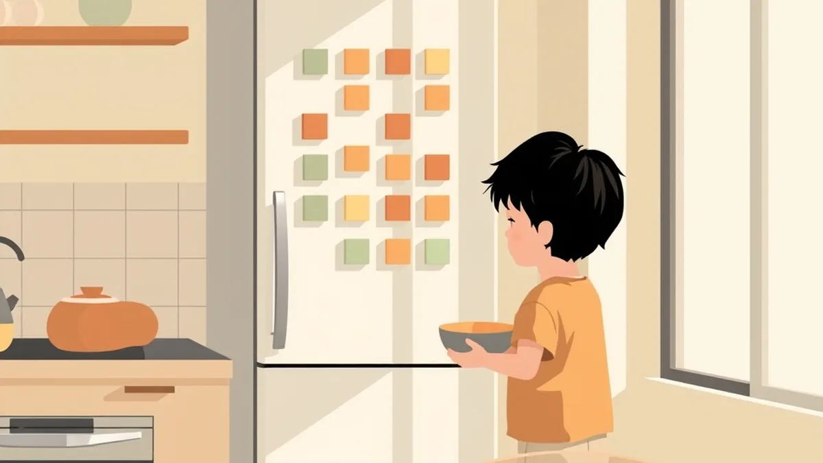 冷蔵庫の扉に色つきの四角いマグネットが並び、子どもが器をテーブルへ運んでいる絵