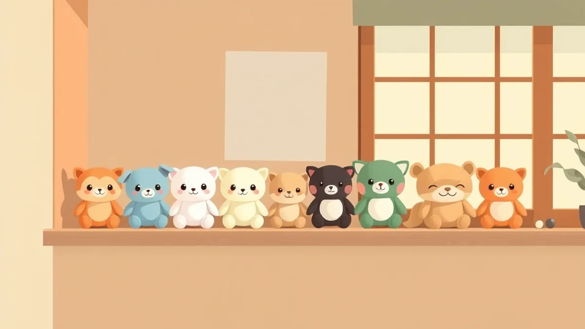 日当たりのよい木の棚に、小さなぬいぐるみが並んで座っている絵