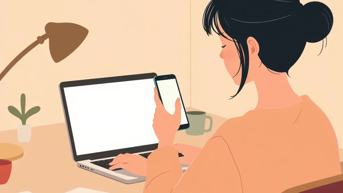 机の前でノートパソコンにスマホをかざしている人の絵