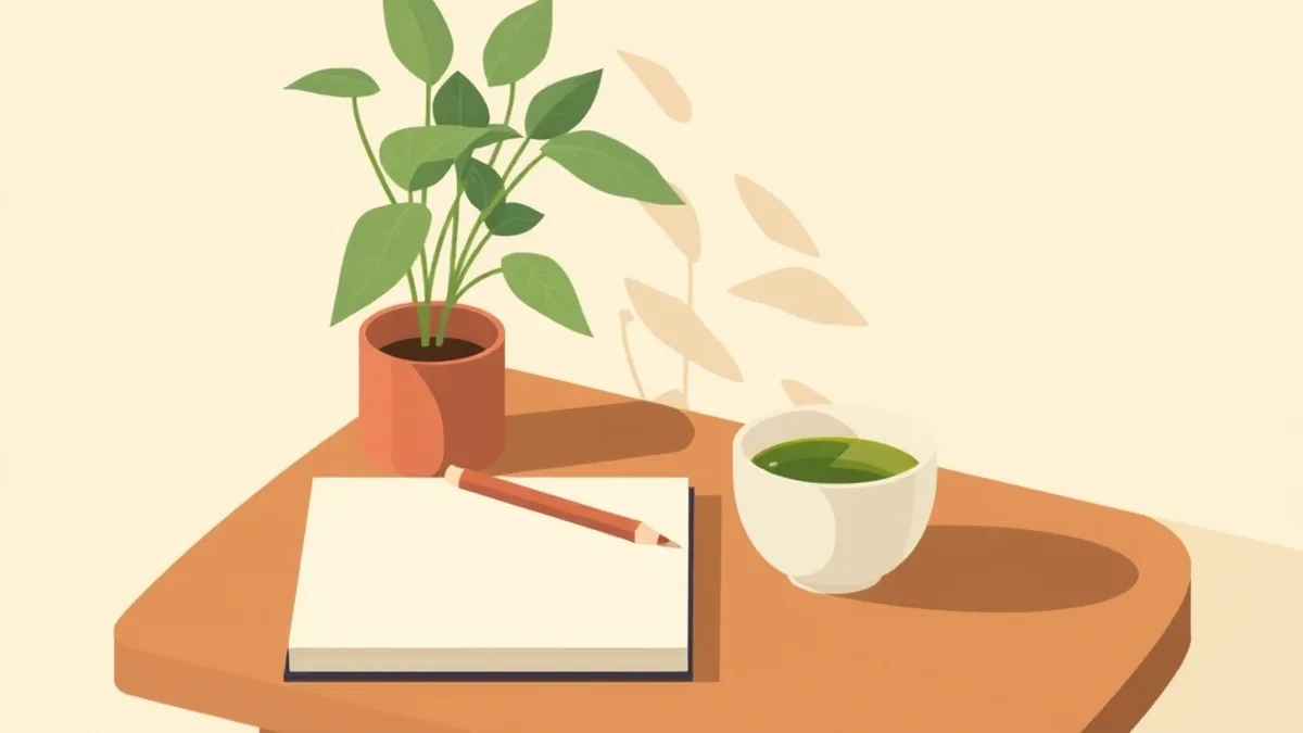 木の台の上に、閉じたノートと鉛筆、湯のみと小さな鉢植えが並んでいる絵
