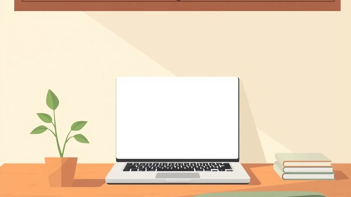 机の上の何も映っていないノートパソコンと、鉢植えと積んだ本の絵