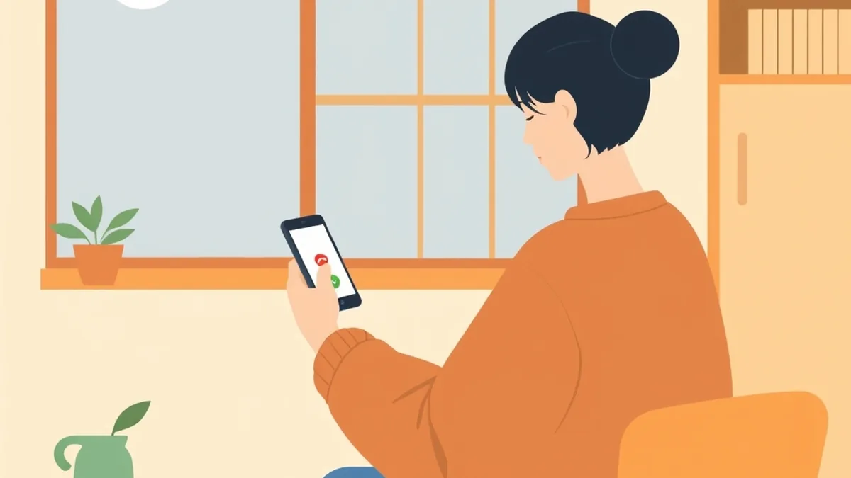 台所のテーブルで、見慣れない番号からの着信が出ているスマホを見ている人