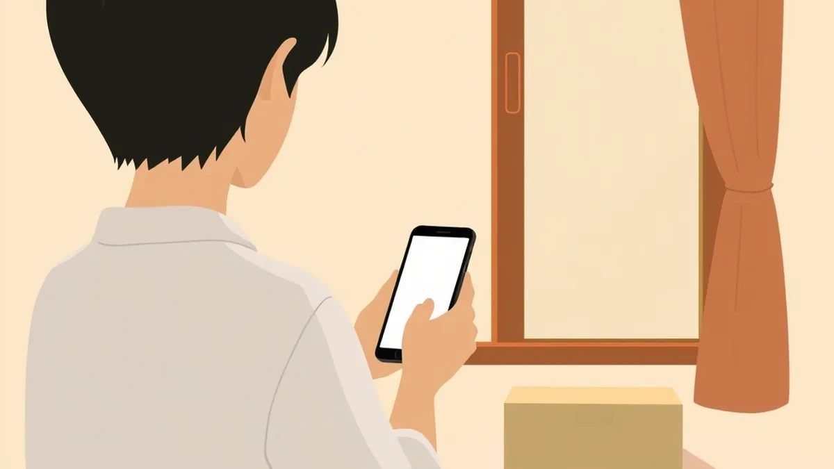 窓辺でスマホを見る人の後ろ姿と、そばに置かれた閉じた段ボール箱